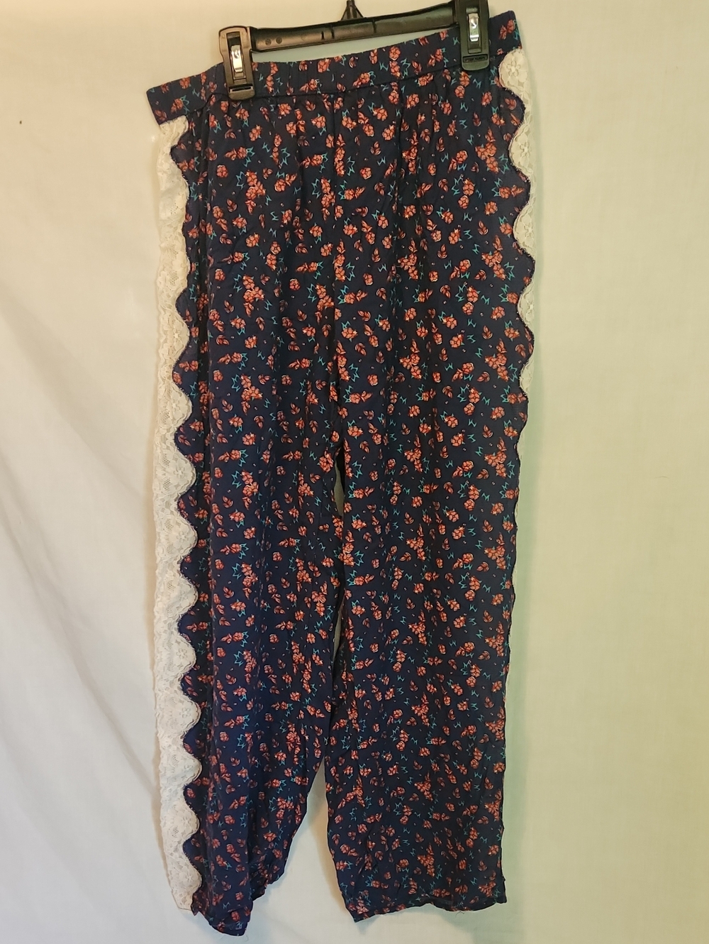 Anthropologie Navy Floral Wide-Leg Pants with Coral and Teal Accents